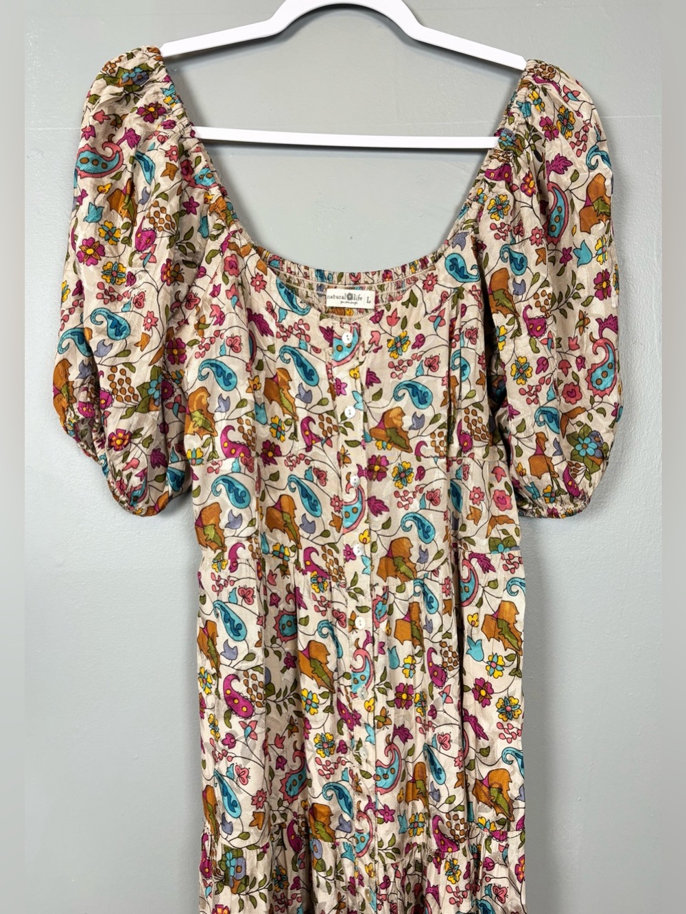 Natural Life Floral Satiny Flowy Stretchy Smocked Tiered Button Down Maxi Dress - Picture 12 of 12